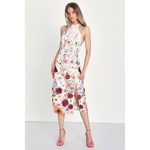 Lulus Unique Impression Ivory 3d Floral Embroidered Halter Midi Dress White
